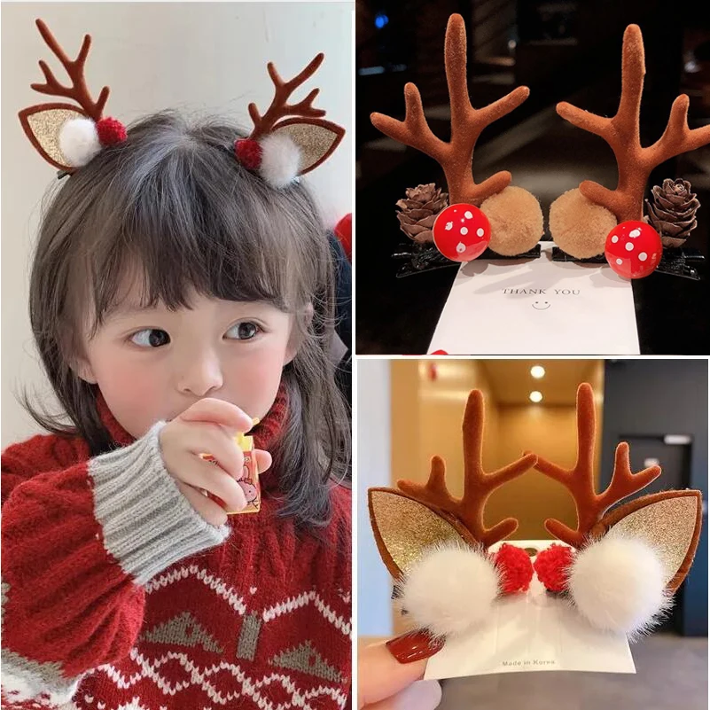 Hair accessories 2pcs/Set Christmas Elk Ear Hair Clip Women Girl Santa Snowman Hairpin Xmas Party Barrettes For Kids Kawaii Cosplay Headwear