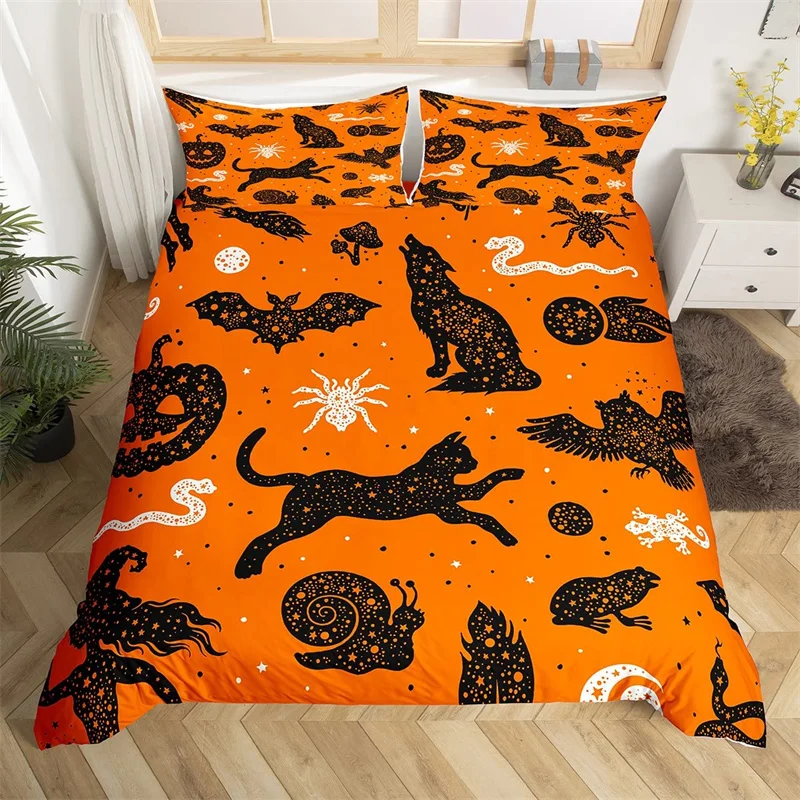 

Halloween Cat Queen Duvet Cover Cute Spider Bat Snake Print Bedding Set For Boys Girl Room Pumpkin Lantern Decor Comforter Cover