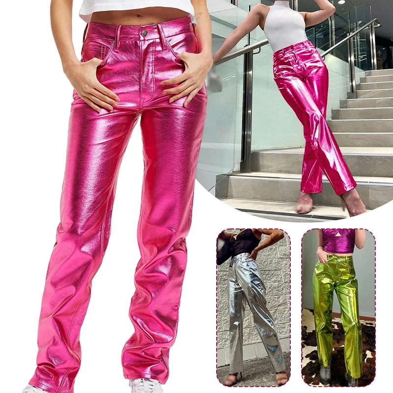 Women Fashion Metallic Shiny PU Leather Pants High Waist Casual Trousers Streetwear Straight Leg Pants Y2K Clubwear Bottom
