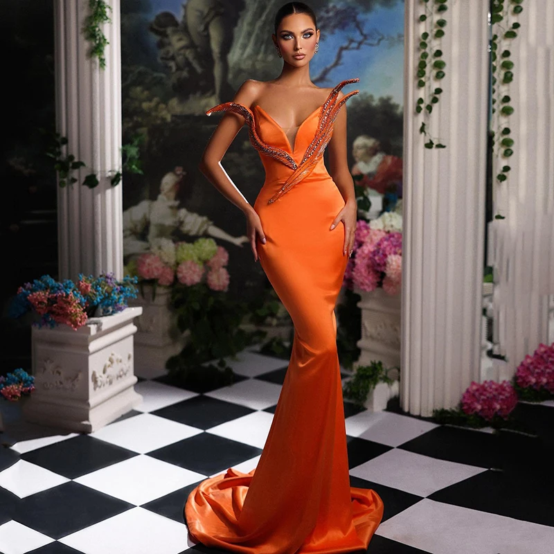

Thinyfull Orange Mermaid Prom Dresses Sleeveless Beading Evening Dress Formal Floor Length Cocktail Party Prom Gowns Custom Size