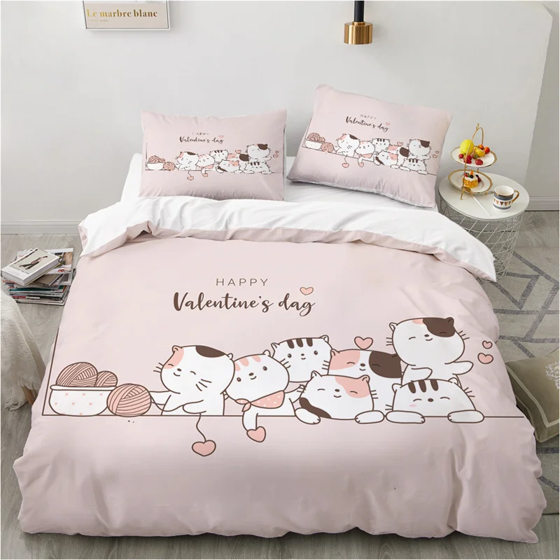 Cute Cartoon Animals Pink Toddler Bedding Set 3D Funny Cat Cover Twin Queen Size For Teens Kids Girls Bedroom Decor Print Duvet