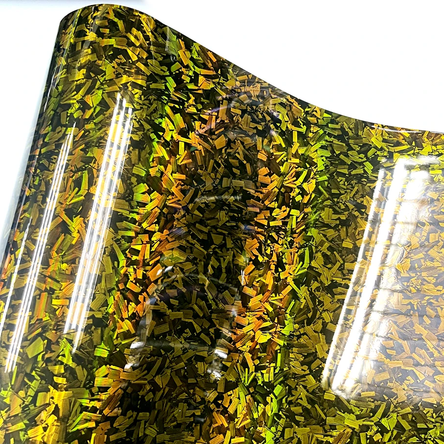 Premium Pet Gloss Holographic Gold Rainbow Forgiato Carbon Laser Vinyl Wrap Roll Adesivo Decalcomania Car Wrapping Foil