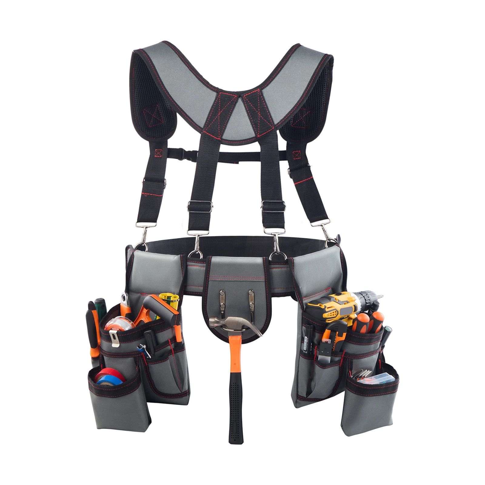 SucceBuy 22 Pockets Tool Belt Work Tool Pouch Waist Adjustable 32 - 68in Utility Belt Bag Suspenders for Electrician Carpenter