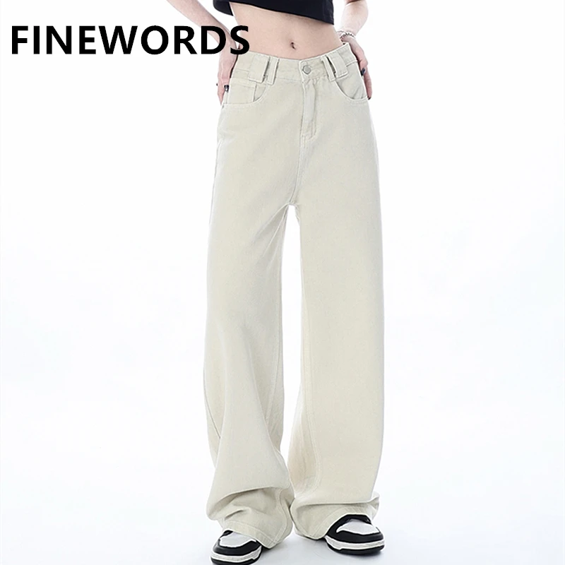 

FINEWORDS Vintage Casual High Waist Solid Wide Leg Jeans Women Streetwear Korean Straight Jeans Baggy Easymatch Denim Pants