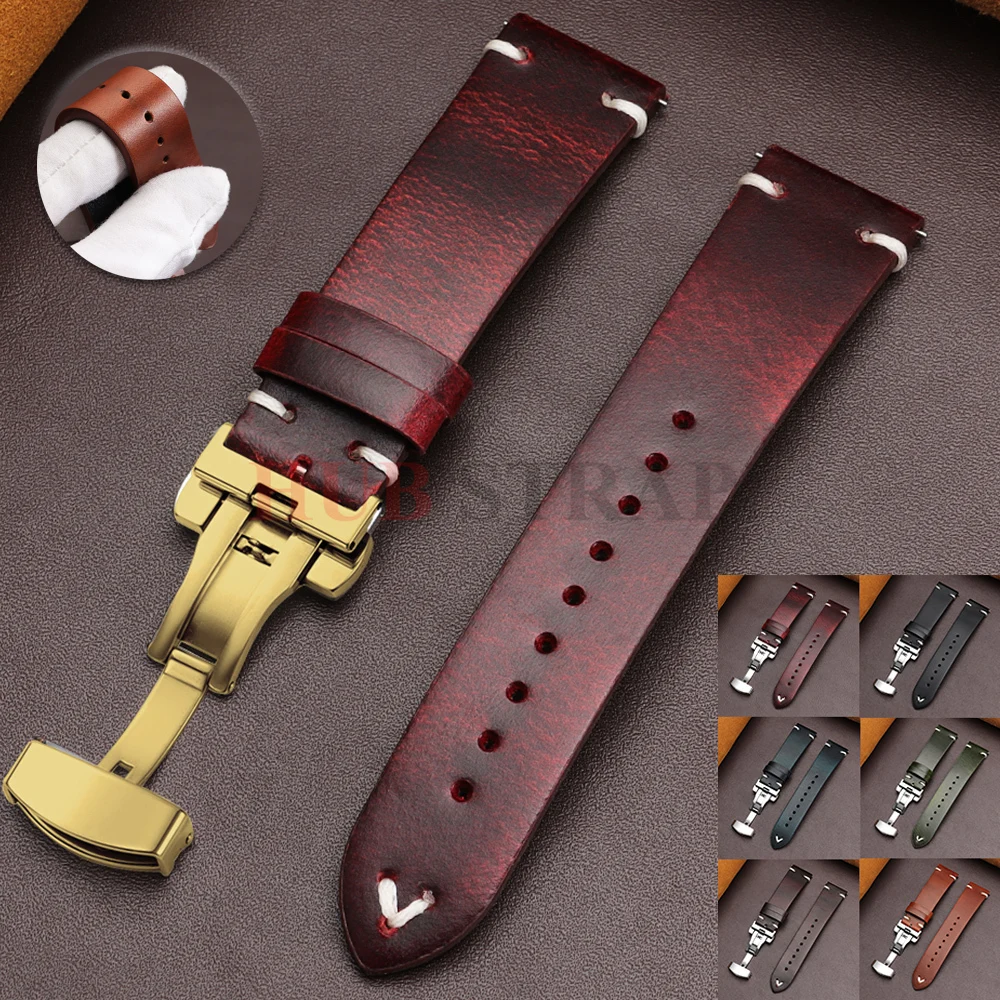 สายนาฬิกาหนังวินเทจ 22 มม. เย็บตะเข็บ หัวเข็มขัดผีเสื้อ สำหรับ Seiko/Omega