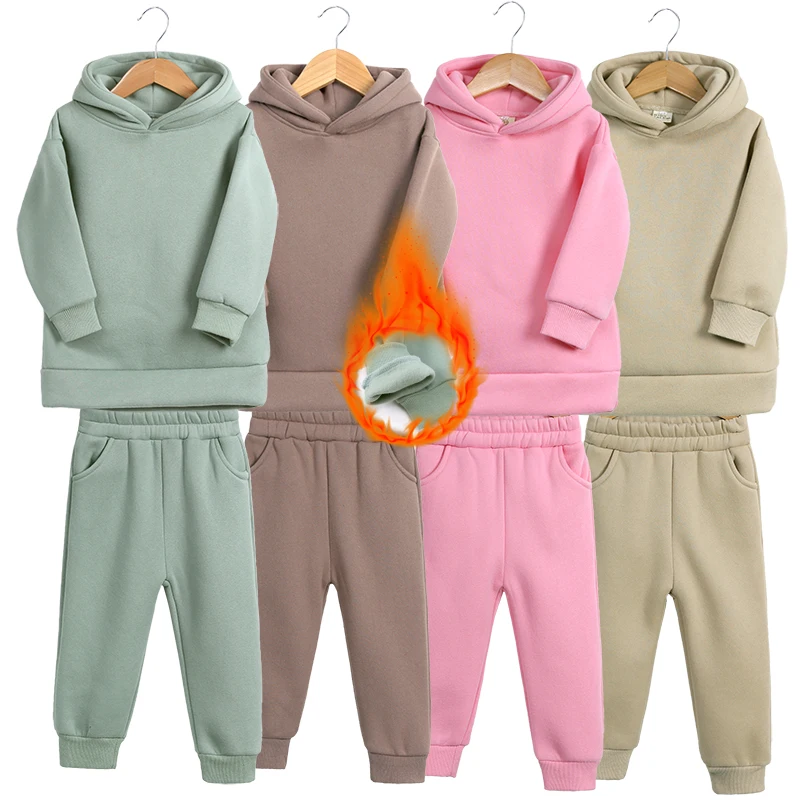 Kids Clothing Set 2pcs For 2-12Y Boys Girls Fleece Outwear Autumn Winter Hooded Sweatshirt Tracksuit