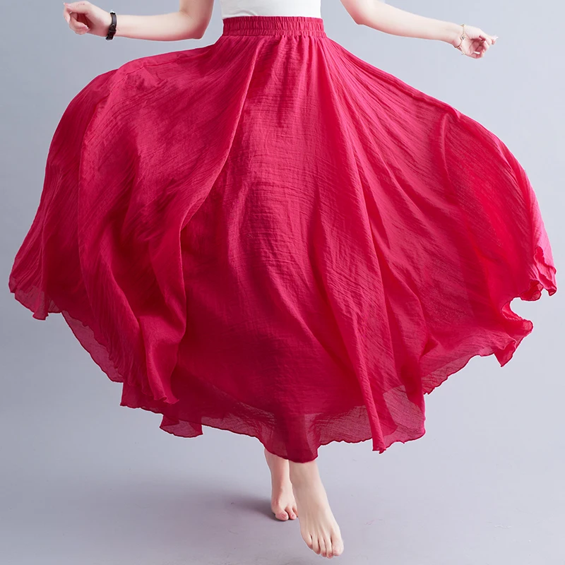 Boho Cotton Linen Beach Long Skirt Women Vintage Casual Solid A-line High Waist Dance Floor-Length Maxi Skirt Spring Summer New