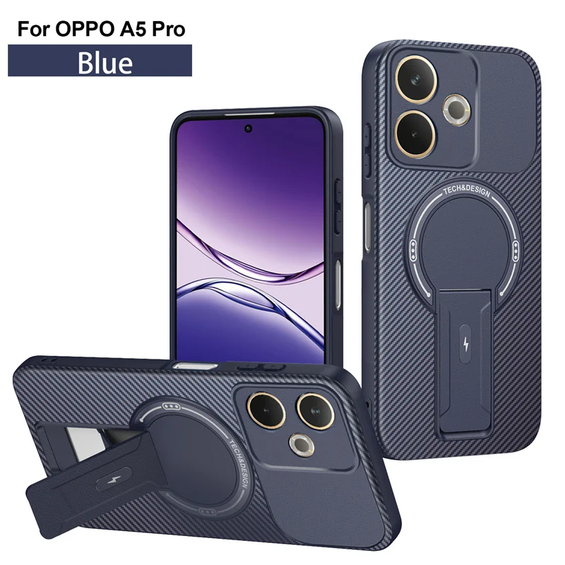 Carbon Fiber Pattern Armor Phone Case with Magnetic Wireless Charging and Foldable Stand