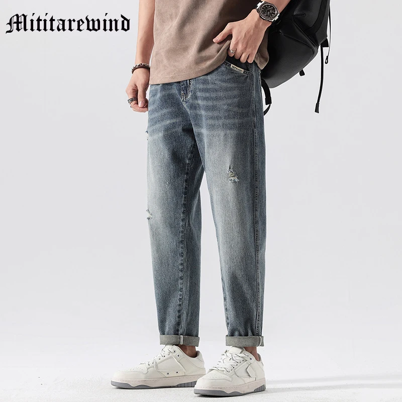 

Vintage Washed Hole Men's Jeans Fashion Retro Blue Simple Denim Pants American Style Full Length Casual Loose Versatile Trousers
