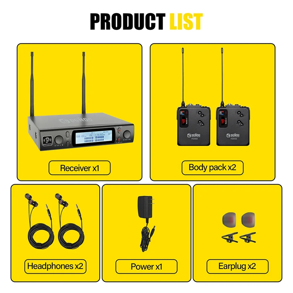DGNOG PSM400 UHF Dual Wireless in Ear Monitor System Mono 2 Channel Professional IEM Monitoring for Stage Performance Studio