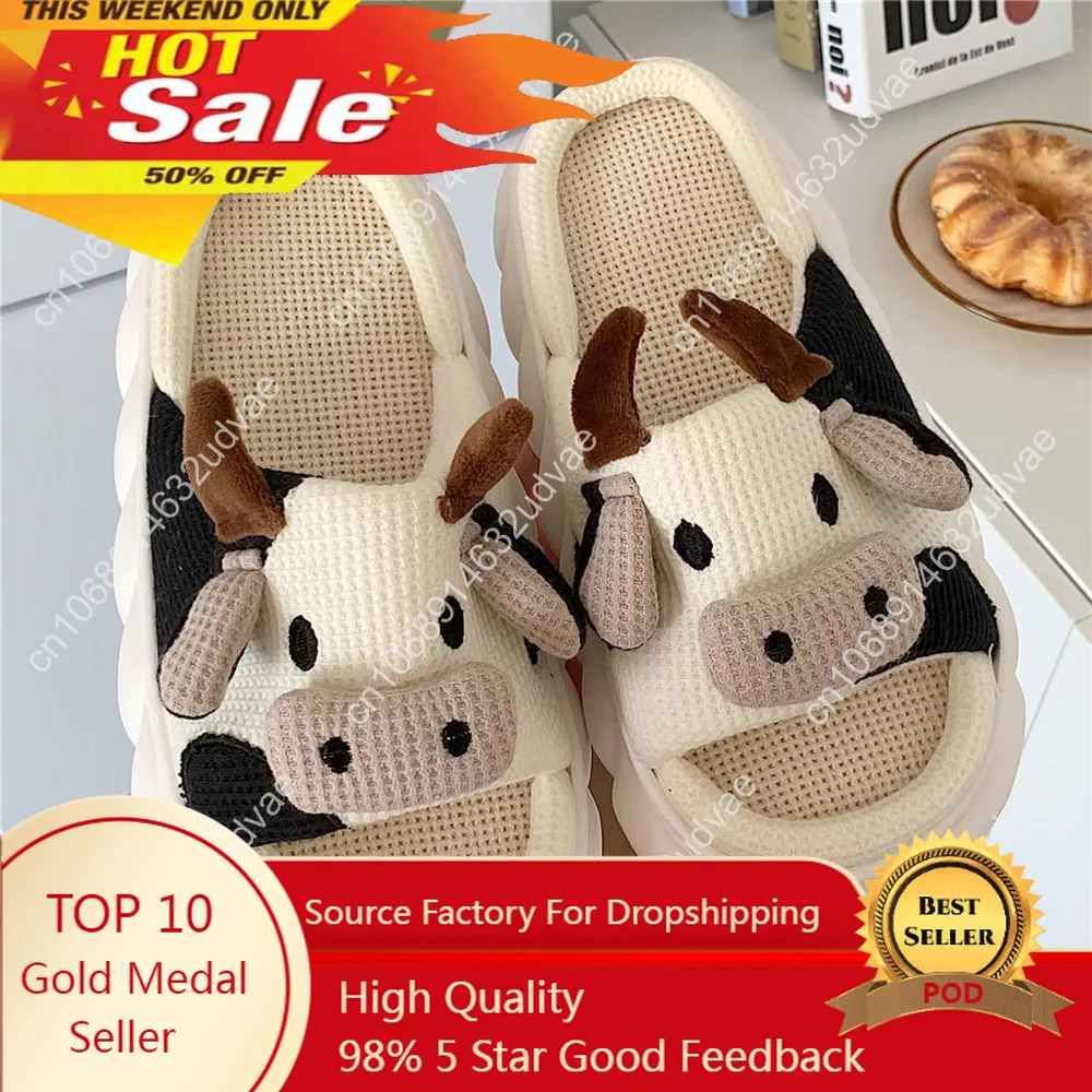 

2023 Women Slippers Summer Four Seasons Indoor Home Sandals Slippers Cute Cartoon Milk Cow House Slippers Funny Shoes