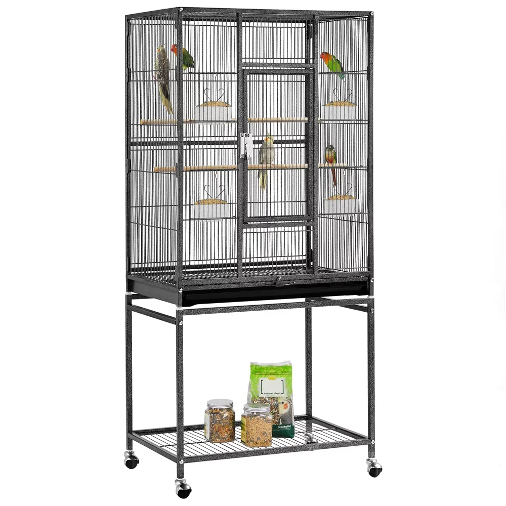 

54"H Large Rolling Metal Pet Cage for Birds or Small Animal, Black
