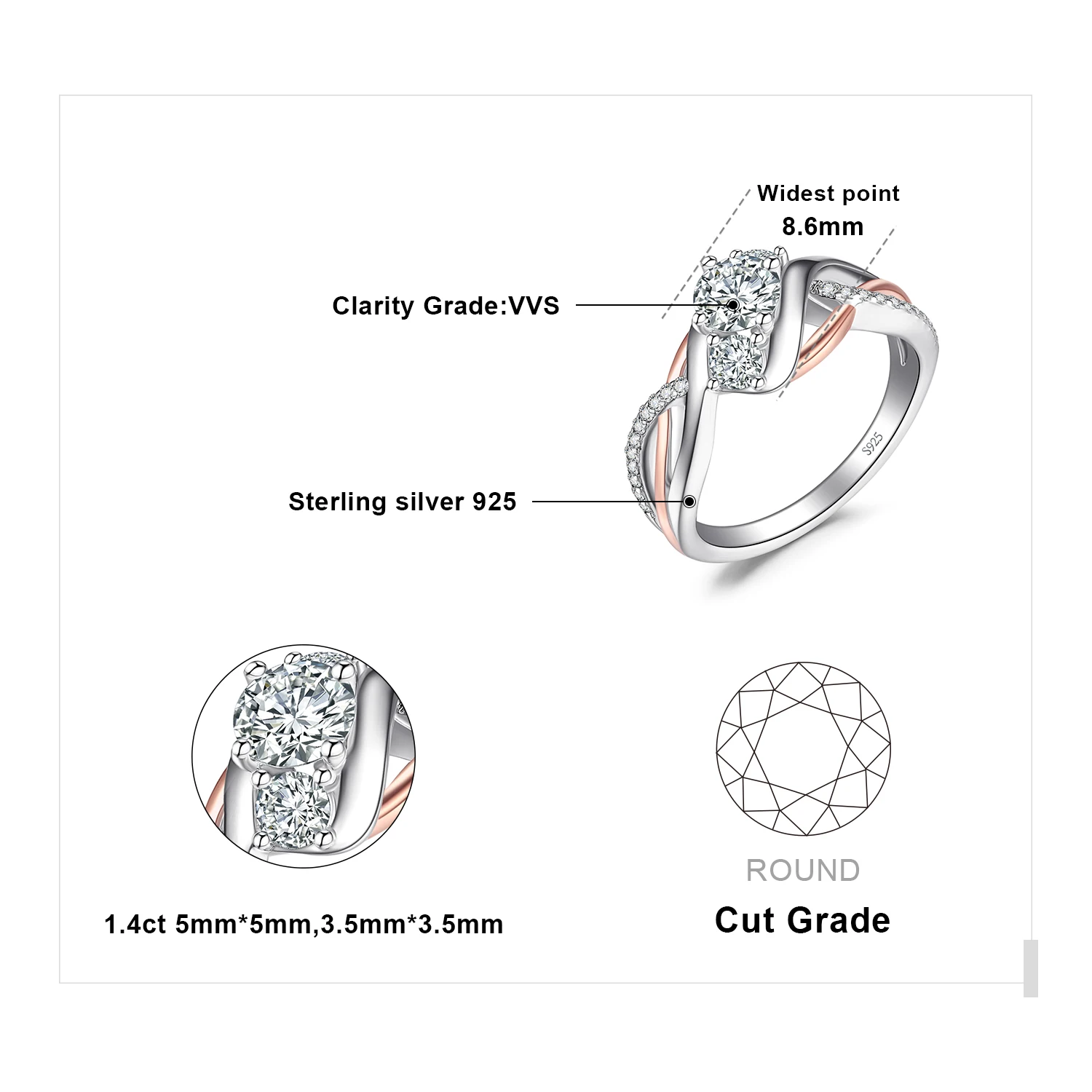 JewelryPalace Solid 925 Sterling Silver Wedding Engagement