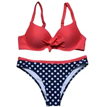  Women Mid Waist Swimsuit Polka Dots Print Push-up Basic 2 Pieces Bikini Set Bathing Suit Plus Size Beach Swimming Suit Swimwear 