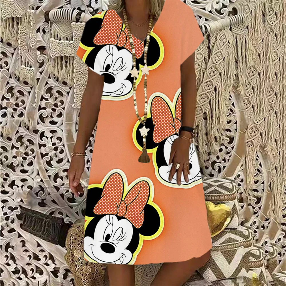thumbnail image 1 of Elegante vestido de fiesta de playa para mujer 2024 Disney Minnie Mickey Mouse vestido de verano bohemio moda casual cuello en V vestidos midi, 1 of 5