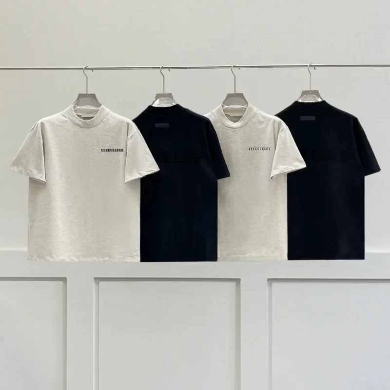 Classic Double Line Loose T-shirt Back Two Rows Flocking Letters Logo Men's Short Sleeved Fashion Couple High Street Top T-shirt 1