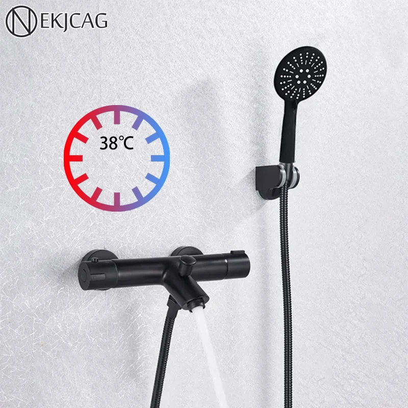 Matte Black Thermostatic Bathroom Shower Faucet Dual Handle With Handshower Concealed Bathtub Faucet Wall Mounted Mixer Tub Tap bathtub faucet