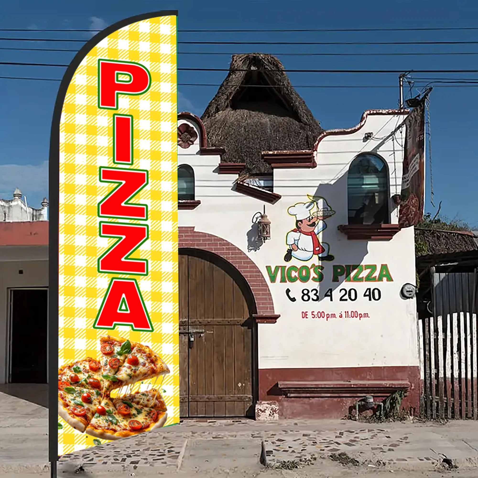 ธงขนนกสำหรับร้านพิซซ่า ร้านอาหาร ใช้สำหรับโฆษณาภายนอกอาคาร ป้ายแบนเนอร์แบบ Swooper สำหรับทางเข้า ไม่รวมขาตั้ง 1