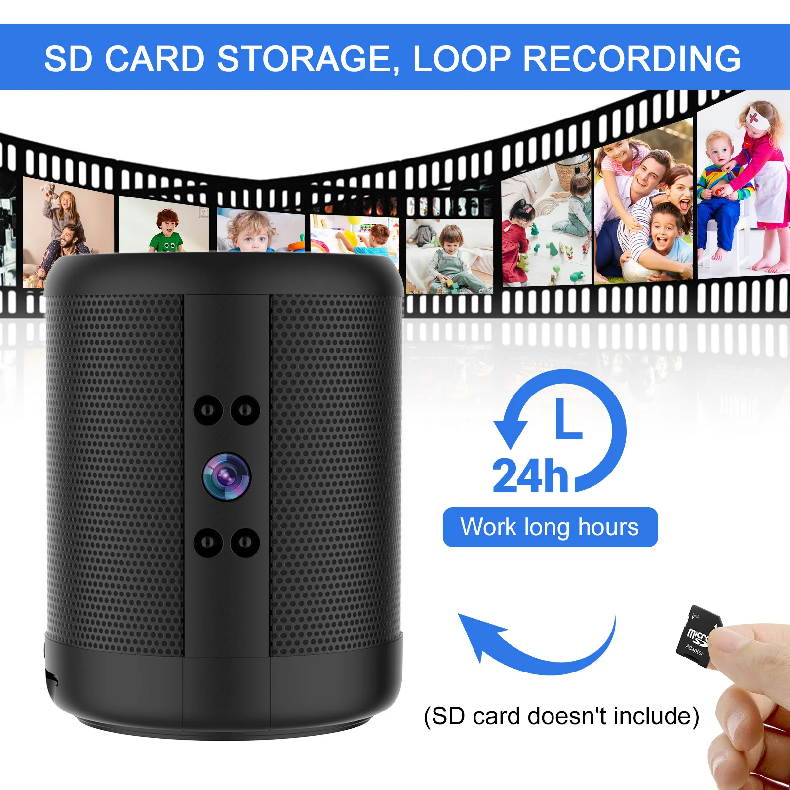 Close front view of the mini WiFi camera Bluetooth speaker