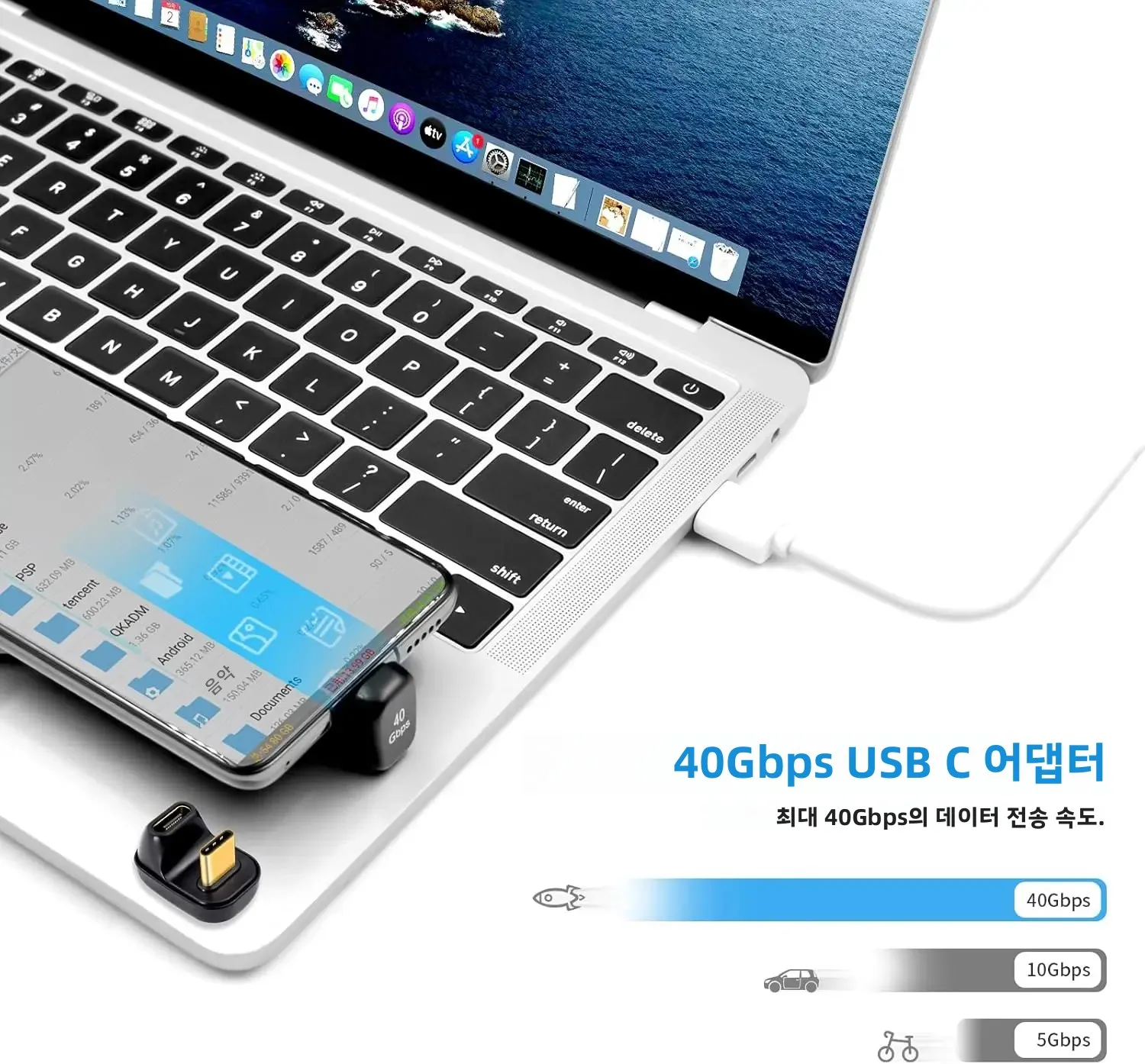 40MB/s 40Gbps USB C 180도 각도 어댑터 썬더볼트 3 4 USB 2/4 타입 C 남성-여성 변환 컨버터 100W 고속 충전 (휴대폰/태블릿용)