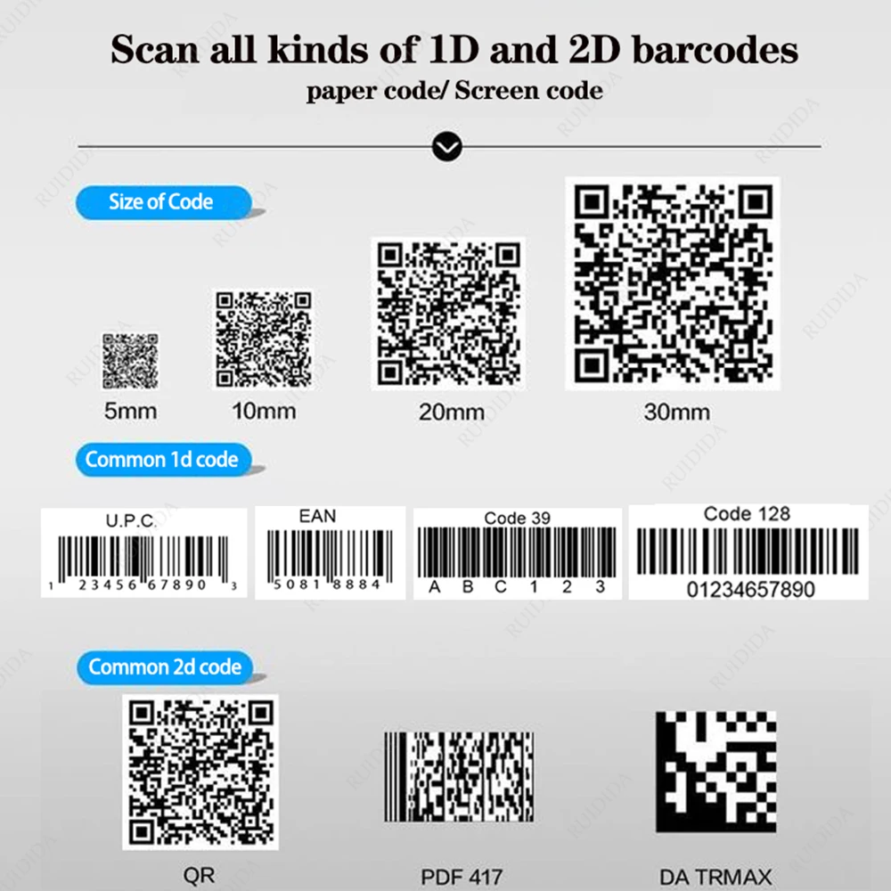 Déterminer le EAU de codes-barres filaire QR Code 1D OJ, le EAU de codes-barres sans fil ou le lecteur de code Bluetooth pour PDF417, DataMatrix