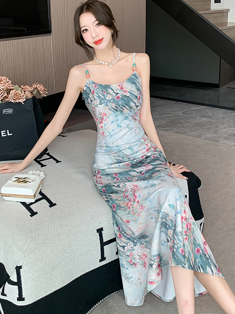 Summer Korean Vintage Elegant Bodycon Sling Long Dress