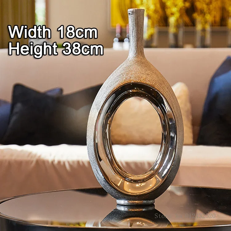 European-style Electroplating Silver Ceramic Oval Vase, Home Bedroom Living Room Wedding Hotel Flower Shop Decoration Vases, 1Pc