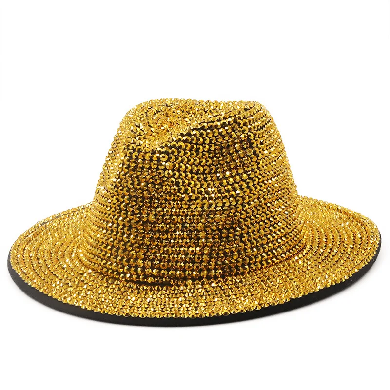 fedora hat Full Diamond Adjustable Flat Top Fedora Hat Bling Rhinestone Panama Spring Summer Men Wide Brim Felt Jazz Hats Women's Stage Hat mens straw fedora Fedoras