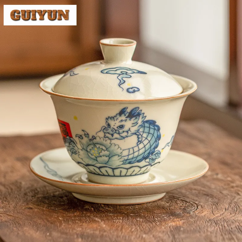 120ml Retro Ru Kiln Non Hot Gaiwan Chinese Wander Dragon Pattern Tea Tureen Ancient Tea Making Cover Bowl Cha Ceremony Gift