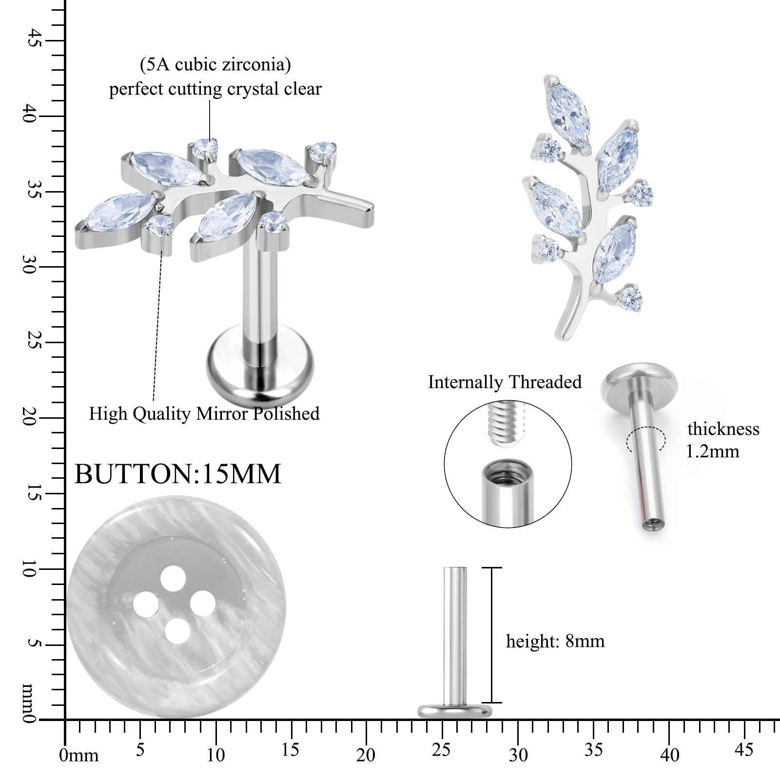 ASTM F136 Titan Funkelnder Marquise CZ Innengewinde Labret Stud Flacher Rücken Ohrringe Helix Tragus Ohrknorpel Körperschmuck – Detail 2