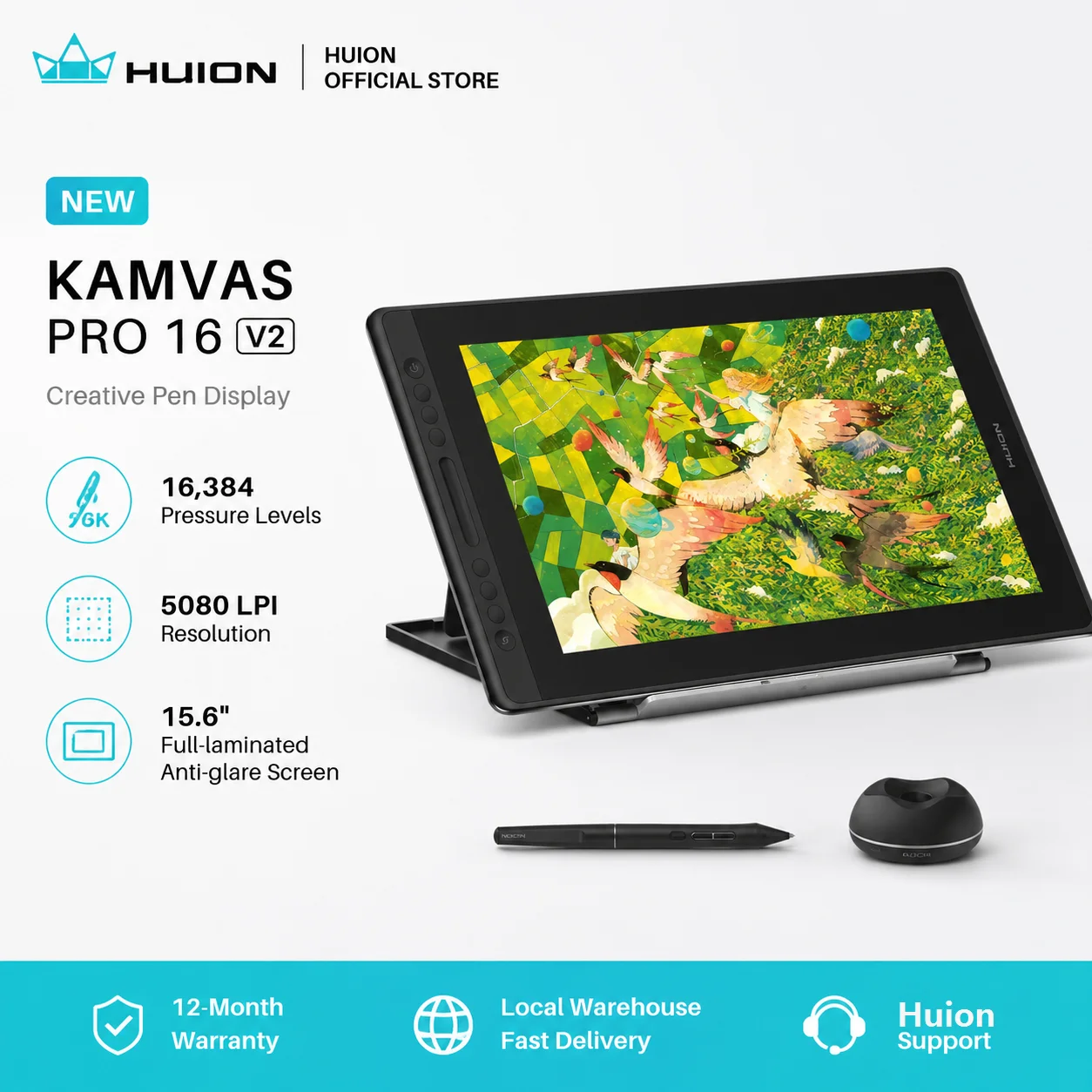 2026 Newest Model HUION Kamvas Pro 16 V2 15.6" Full-Laminated Pen Display 16K Pressure Smart Touch Bar & 6 Keys Art Tablet