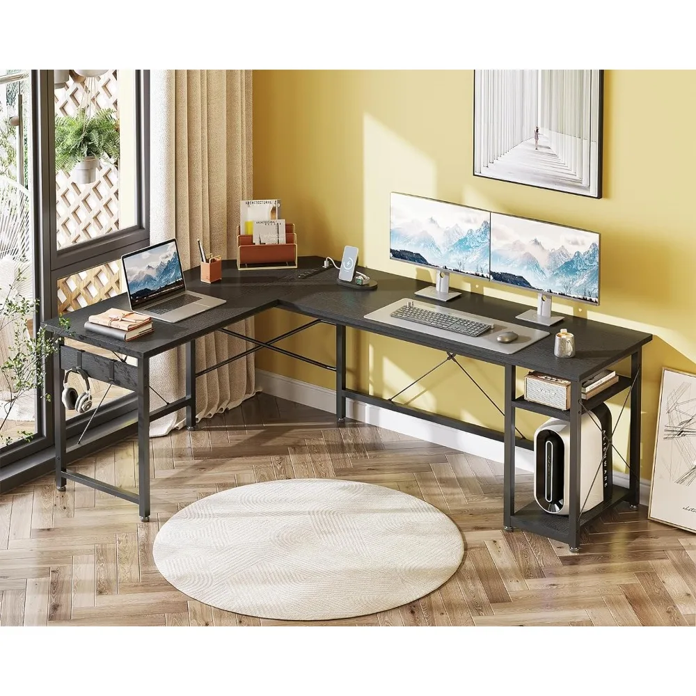 

Coleshome L Shaped Computer Desk 66" with Power Outlet & Storage Shelves, Corner Sturdy Writing Desk Workstation