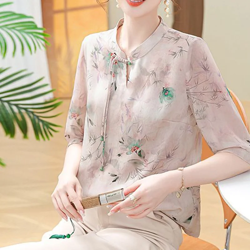 O넥 반팔 쉬폰 프린트 셔츠, 중국 스타일, 심플하고 루즈한 캐주얼, 오피스 레이디, 세련된 Y2K 상의, 2024 여름 신상