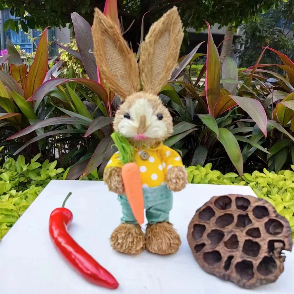 Cute Straw Rabbits Handmade DIY Garden Statues Gift Hand Weave Landscape Rabbit Statue 25cm