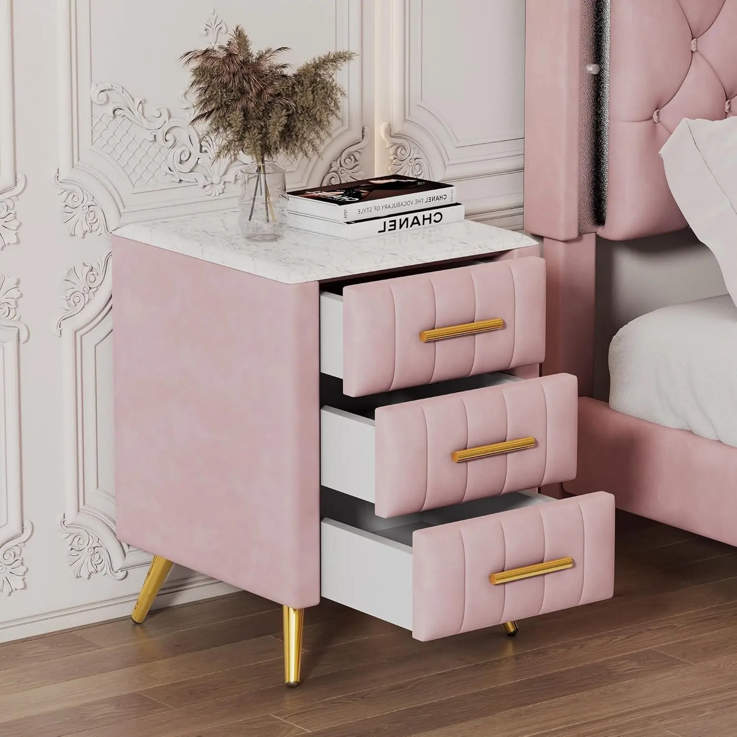 Padded Wooden Bedside Table with Three Drawers and Handles Pink Marble Countertop Children's Wood Polished