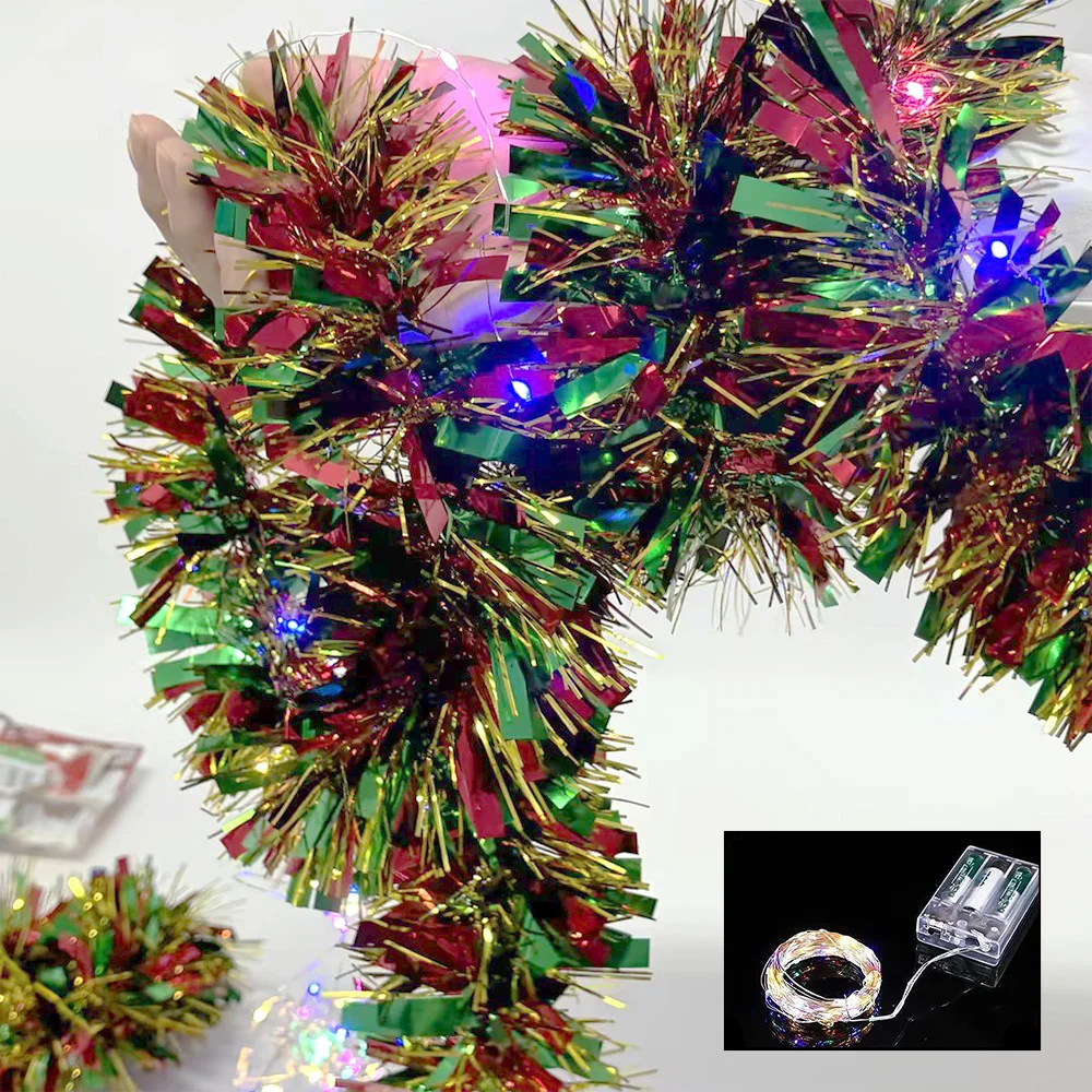 Christmas Tree Decoration 1pc 16 Ft Tinsel Garland Metallic Shinny with LED Lights Thick Hanging for Xmas Party Indoor