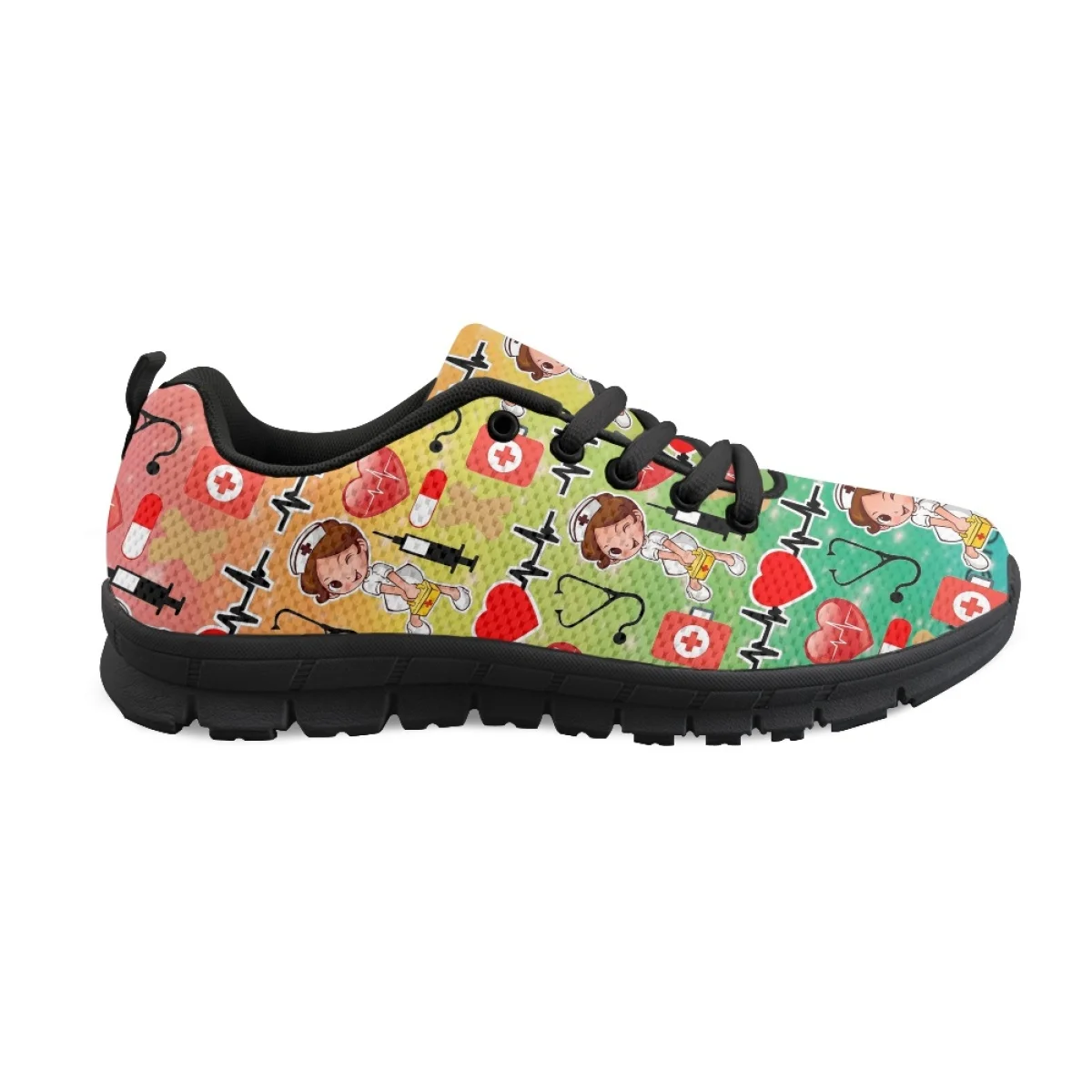 Women's Non-Slip Flat Shoes Nurse Shoes Lovely Nurse Girls Print Gradient ECG Medical Design Female Running Sneakers Girl Tennis