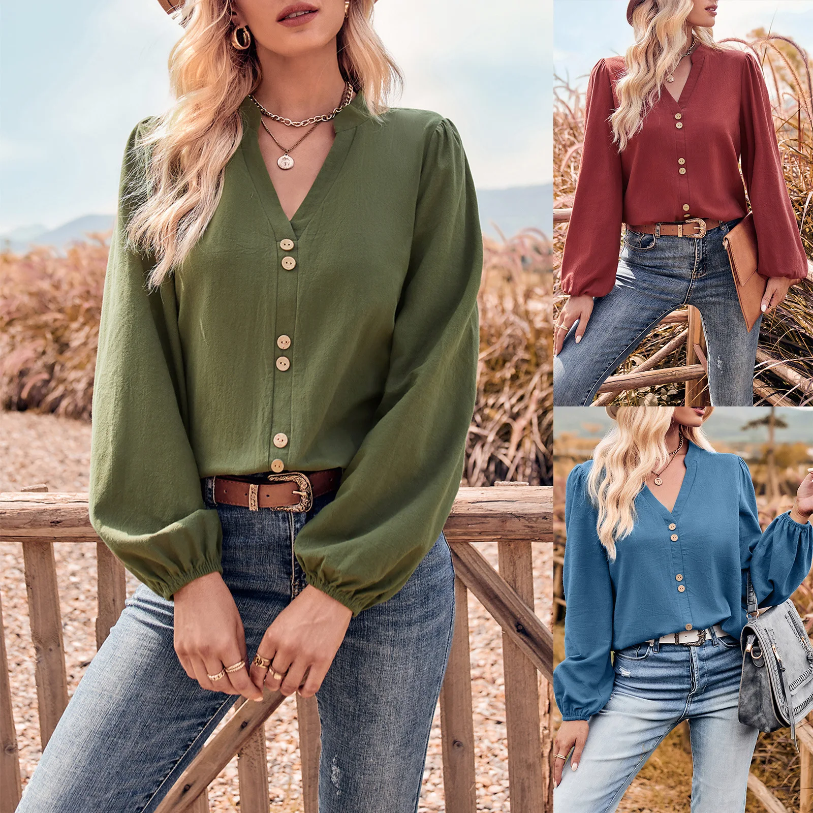 

Shirts Women Autumn Casual Pullover Drawstring Top for Women Button V Neck Loose Viscose Solid Color Women Long Sleeve Blouses