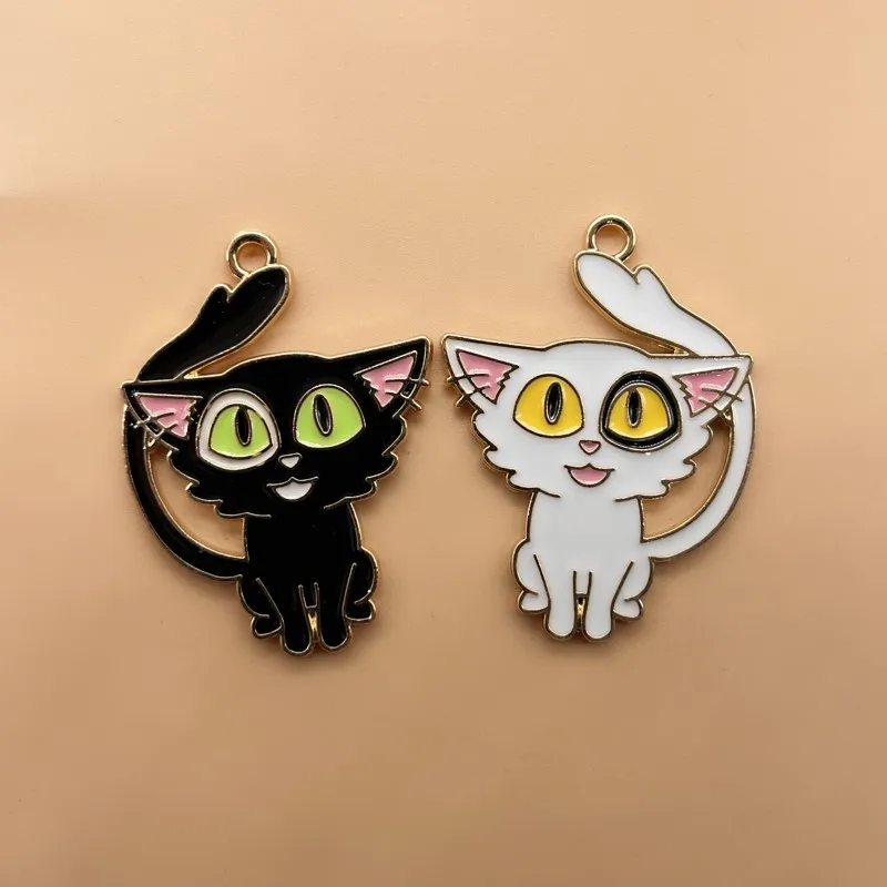 

10pcs Black and White Cat Jewelry Production Supplies Enamel Necklace Pendant Keychain Diy Craft Accessories Gold Plated