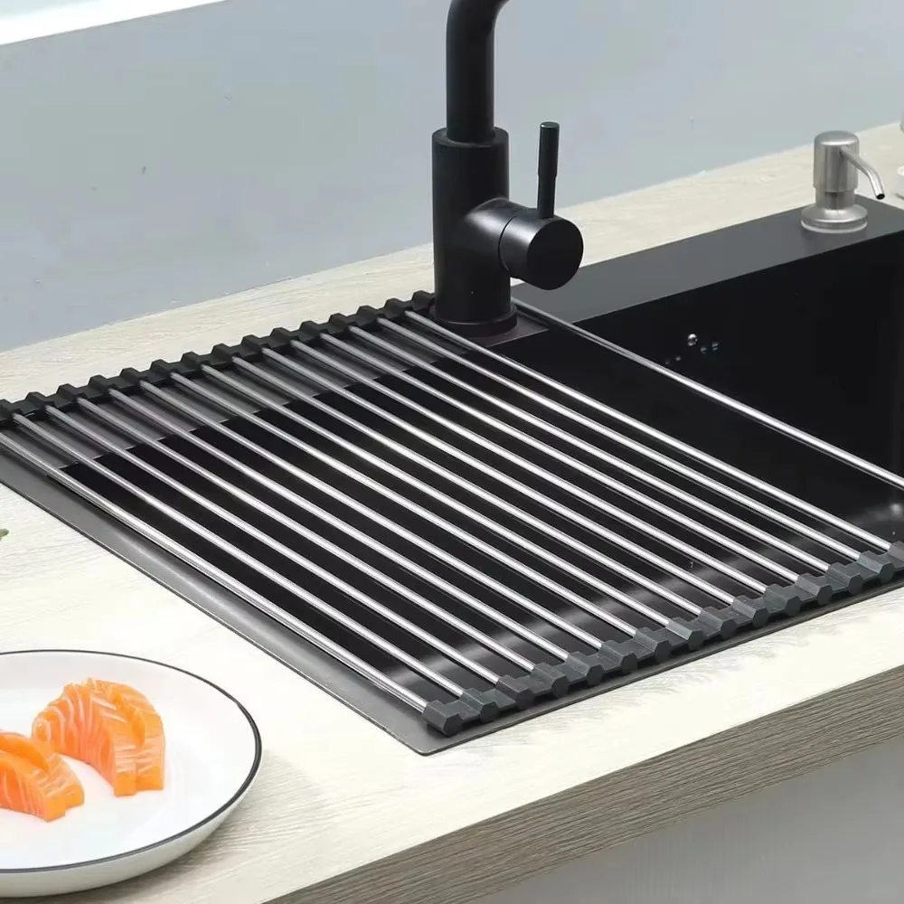 Kitchen Sink Strainer Fruit Holder Sink Roller Foldable Kitchen Dish Drying Rack Stainless Steel Bowl Organizer Basket Racks 18 Tube Home Accessories