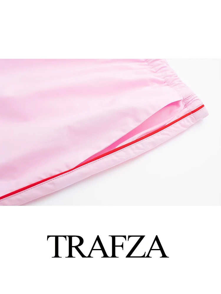 TRAFZA-Camisas femininas com gola virada para baixo rosa, mangas compridas, peito único, cintura média, com renda para cima, calça de perna larga, roupas primavera, moda, 2022