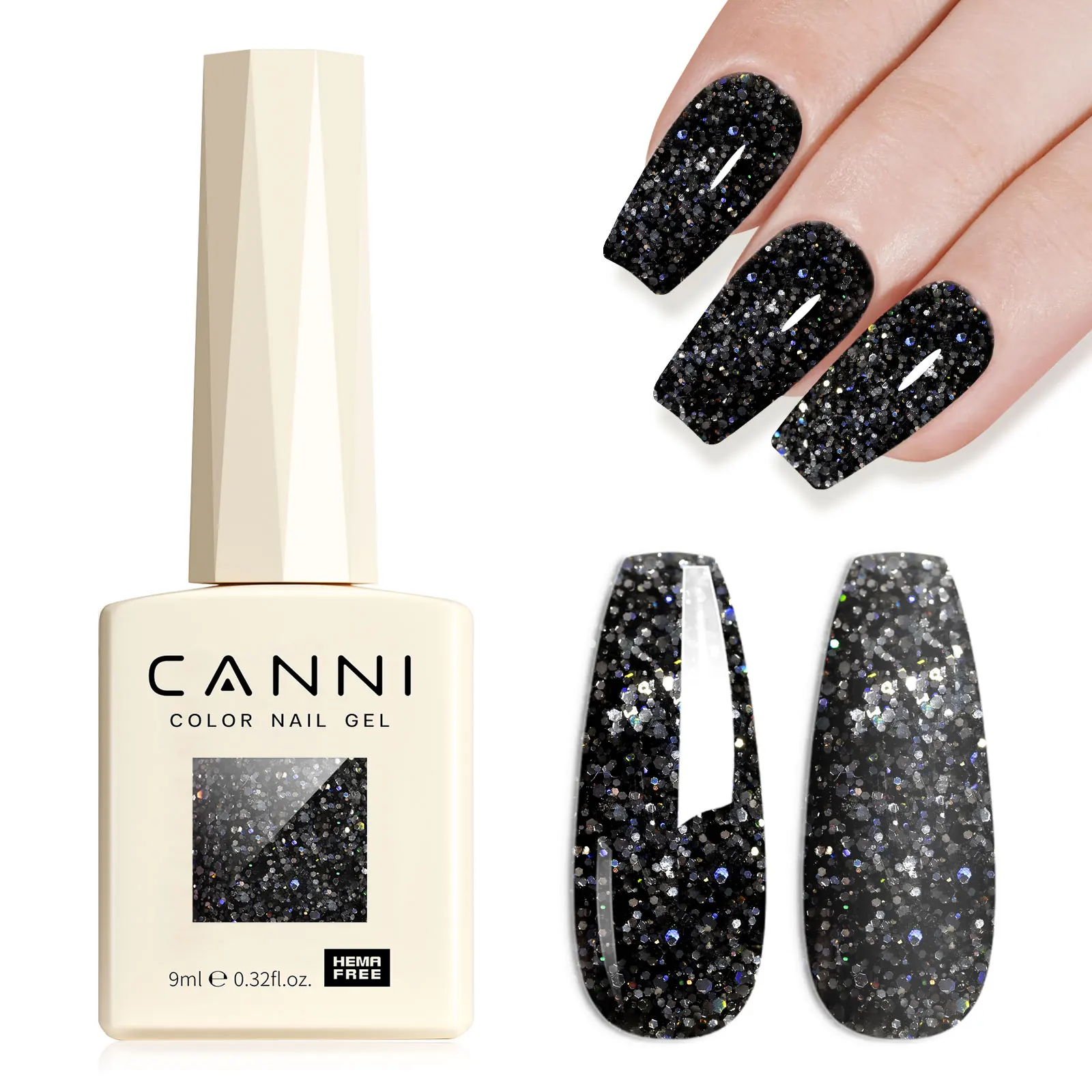 CANNI HEMA Free Black Glitter Diamond Sparkle Gel Polish - Long-Lasting Glossy Finish