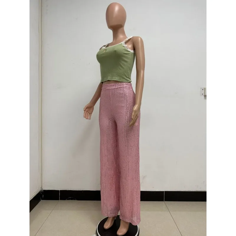 Women's Sequins Loose Casual Pants Solid Elastic High Waist Stretch Trends Versatile Wide Leg Trousers Club Party Streetwear