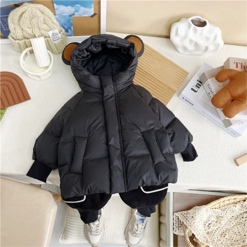 Baby Hooded Boys and Girls Mid-Length White Duck Down Coat Children Warm Quilted Jacket