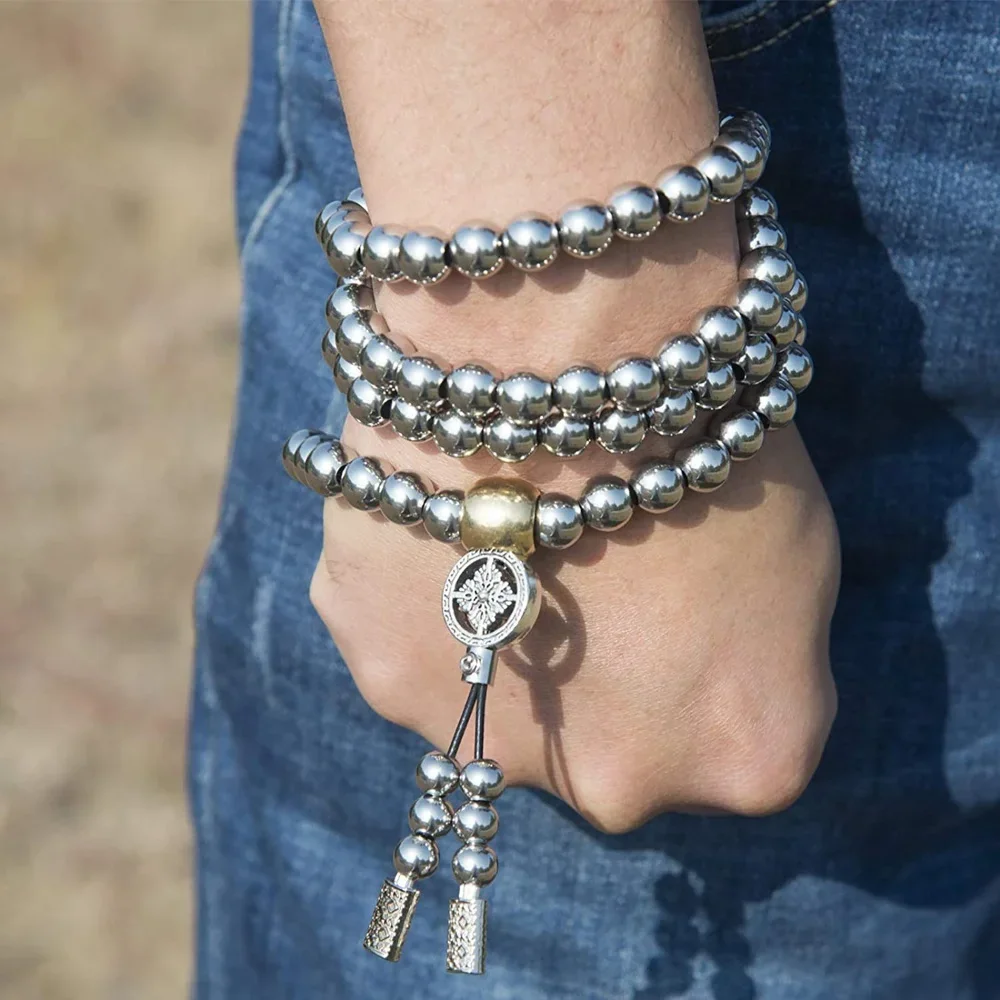 Buddha Beads Necklace and Prayer Hand Bracelet Combo Full Stainless Steel Buddha Beads Necklace & Destiny Nepal Prayer Hand Bracelet Combo for Meditation and Self-defense