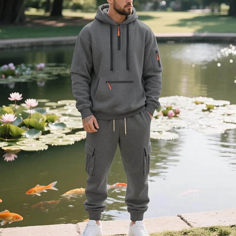 Sweater Hoodie Set Zipper Multi-Pocket Pullover Men's Sports Casual Top Two-piece Set