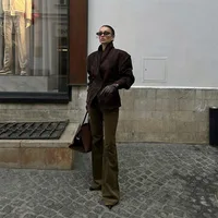 Fashion Dark Color Suede Fabric Stand Up Collar Jacket Women Causal Waist Cinched Broad Shoulder Coat Autumn High Street Outwear 5