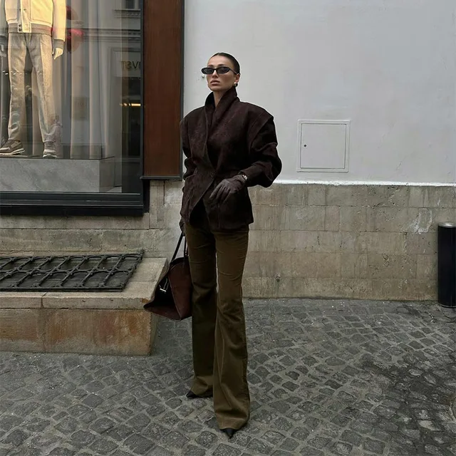 Fashion Dark Color Suede Fabric Stand Up Collar Jacket Women Causal Waist Cinched Broad Shoulder Coat Autumn High Street Outwear 5