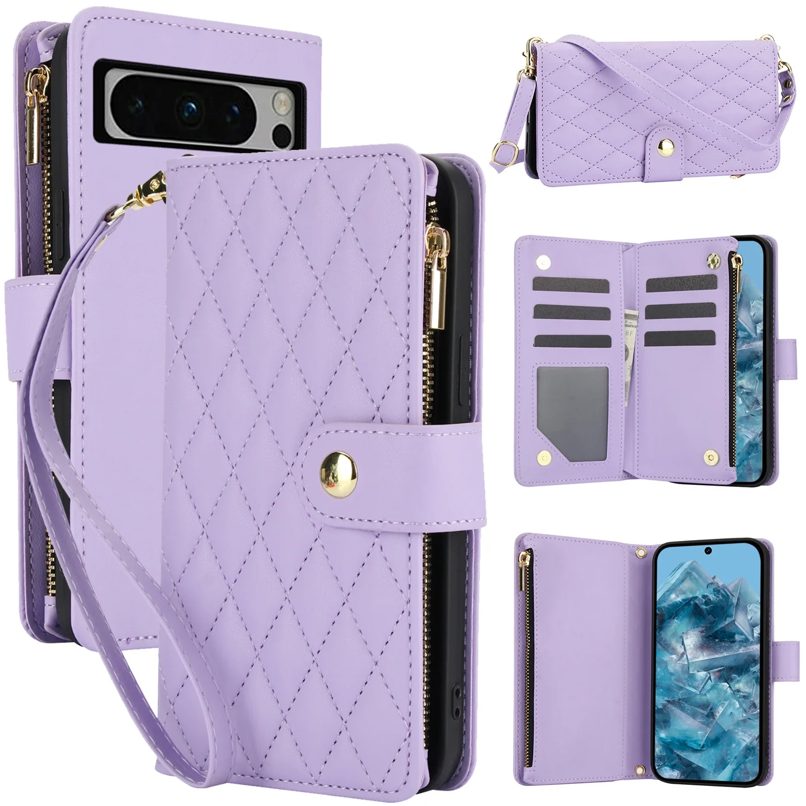 Custodia per telefono in pelle di vibrazione con cordino lungo di lusso per Google Pixel 8 Pro 7 7A 6 6A Portafoglio con cerniera con corda da polso Multi Card Cover Coque Bag_voghion.com