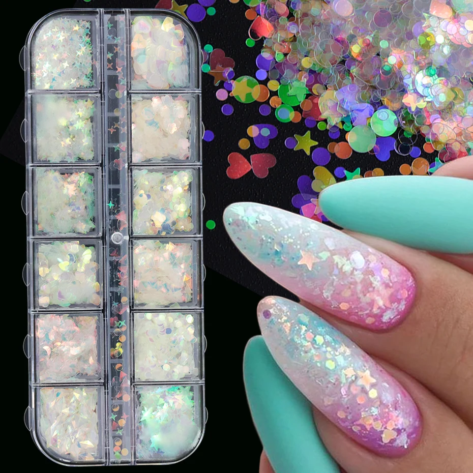 Holographic Ab Nail Glitter Mermaid Paillettes Butterfly Star Round Heart Gradient Mirror Paillettes Aurora Flakes Decoration Behw